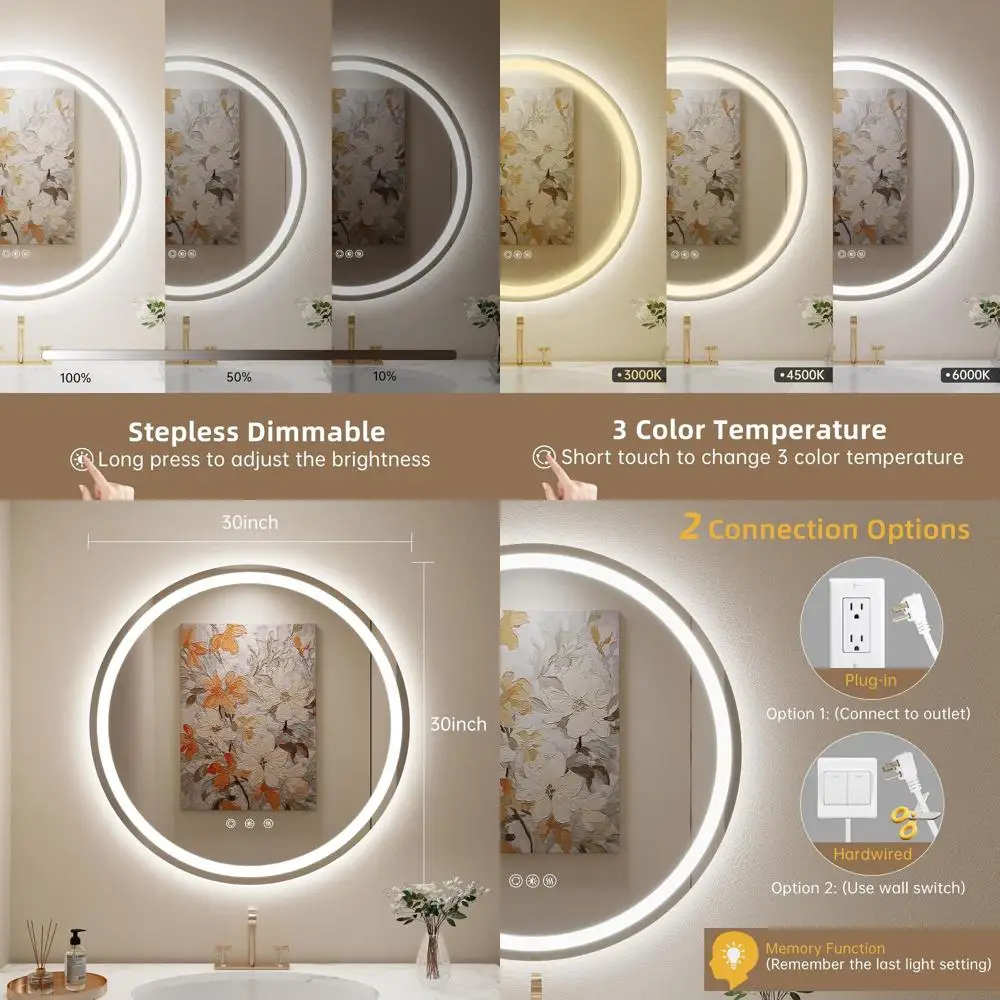 

Круглое зеркало для ванной с 30 светодиодами, регулируемой яркостью и 3-цветной подсветкой, класс защиты IP54, ударопрочное