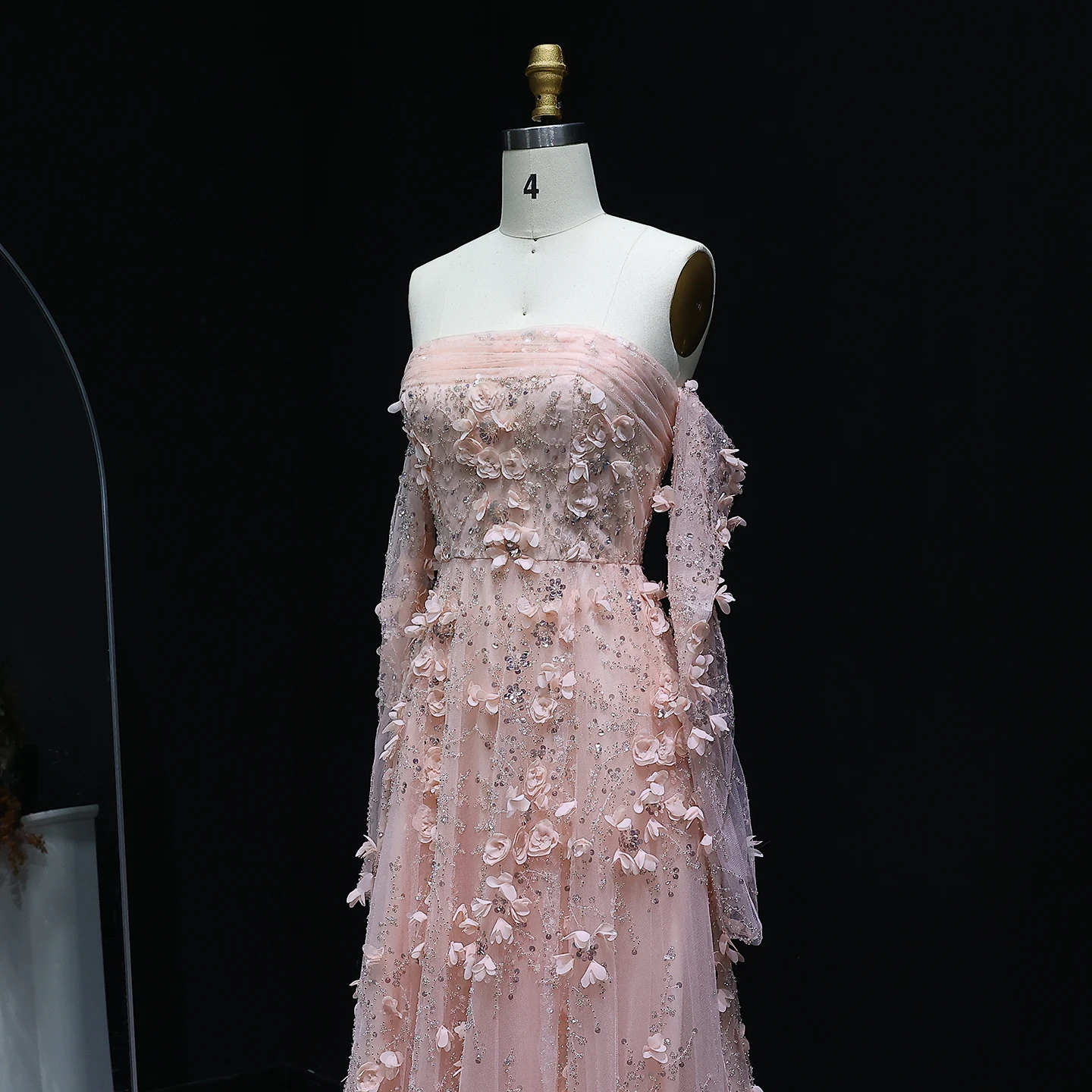 Sharon Said Elegant Blush Pink 3D Flowers Strapless Evening Dress with Long Sleeves Arabic Women Wedding Party SS344 Customized image 4