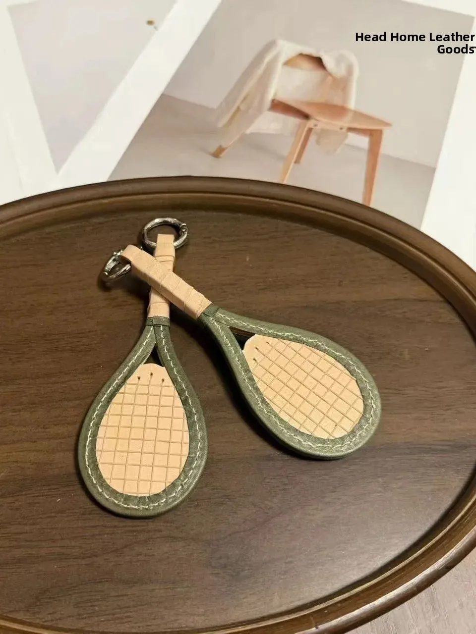 Handmade Leather Badminton Tennis Racket Keychain Couple Hanging Decoration Leather Goods Accessories Memorial Gift