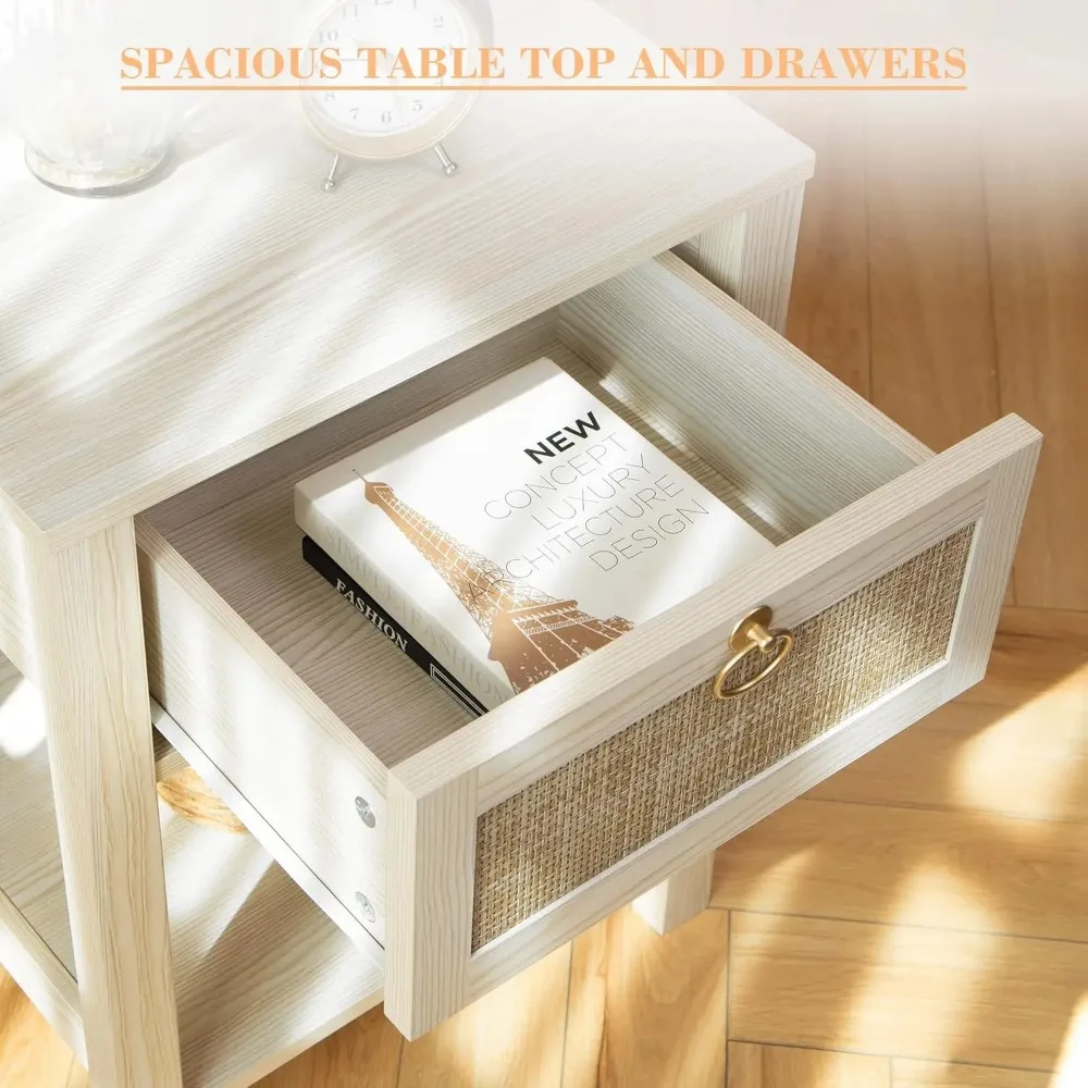 White Nightstand Set of 2,Rattan Decor Drawer with Brass Knobs Night Stand Wood Bedside Table Boho End Tables Side Tables with