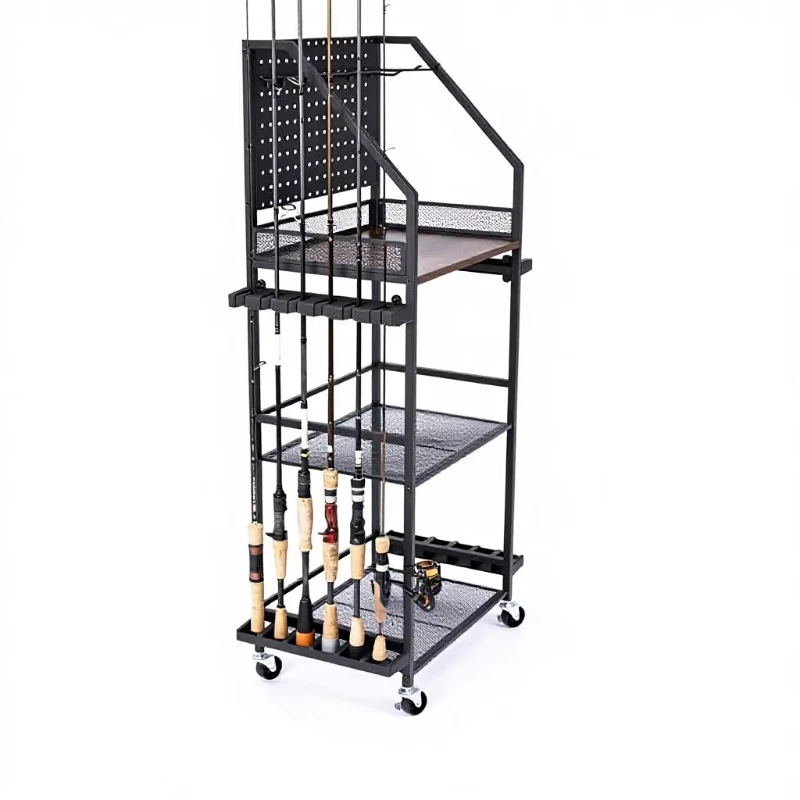 Three-layer metal/carbon fiber fishing rod bracket, portable fishing gear storage rack