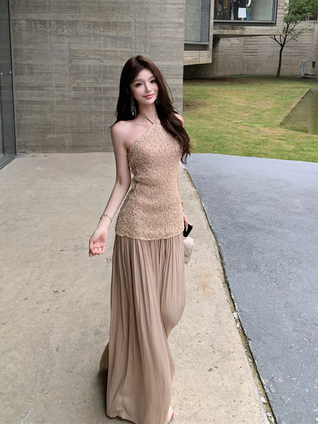 Bare Ba Ne Colgante Satén Noche Dr Francés Sle Color puro Cintura Una falda acampanada Transpirable Agradable para la piel Dr