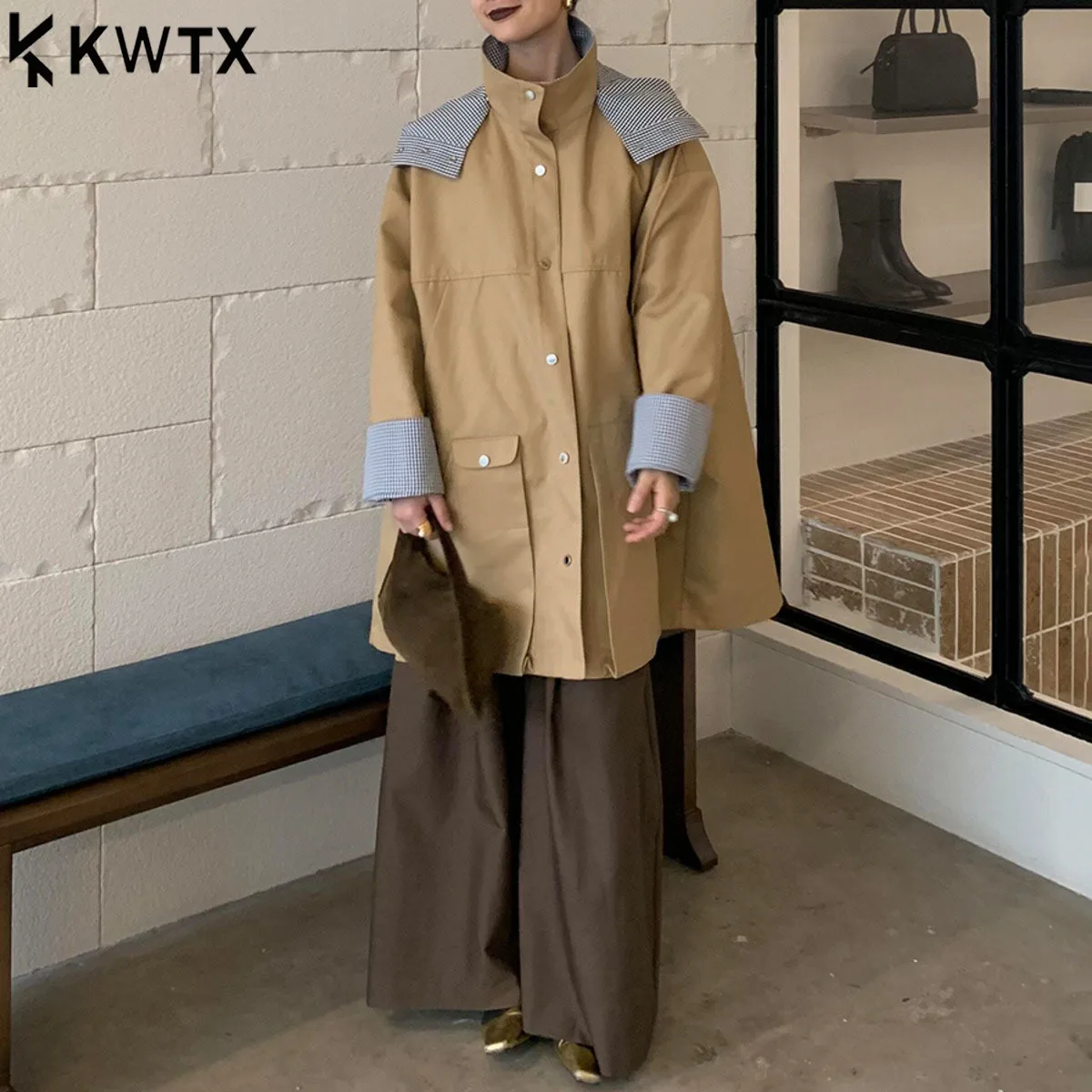 

KWTX женский винтажный универсальный плащ с капюшоном, однобортный однобортный плащ средней длины, повседневный элегантный осенне-зимний новый 2025