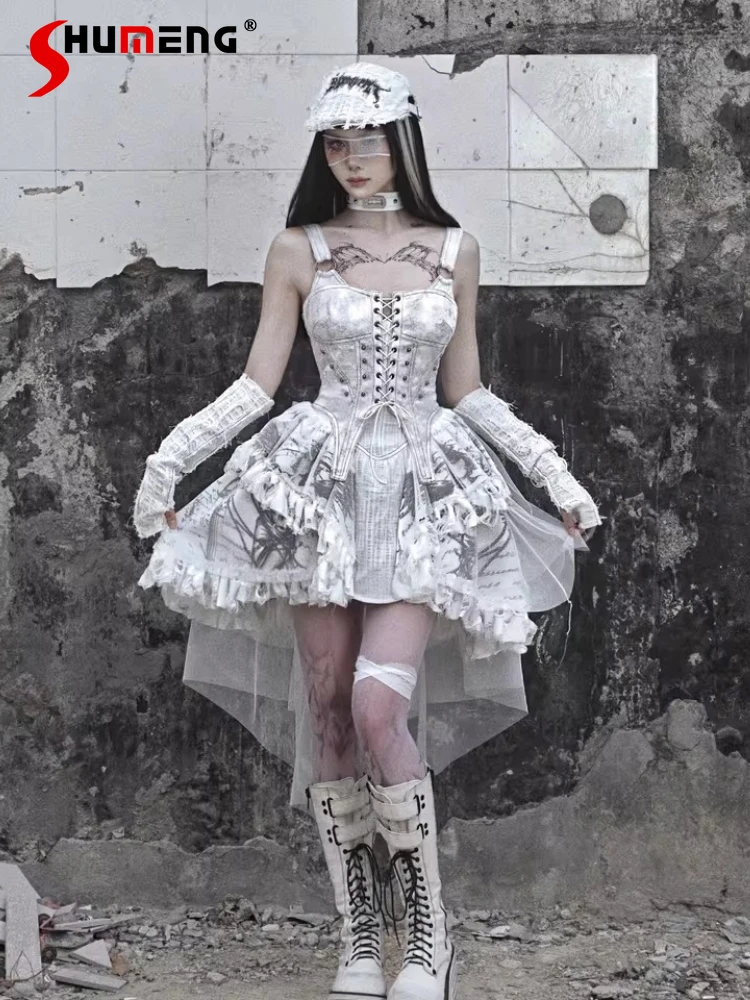 

Subculture Punk Irregular Tail Dress Jsk Women's Slim Fit Elegant Retro Sleeveless Dress Ruffled Lace Patchwork Fashion Dresses