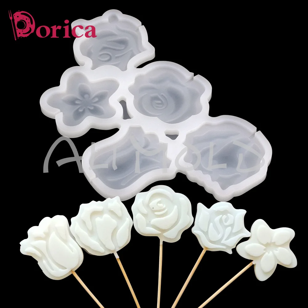 Dorica Flower Rose Lollipop Epoxy Mold Chocolate Silicone Cake Mould Cake Decorating Tools Kitchen Accessories Bakeware