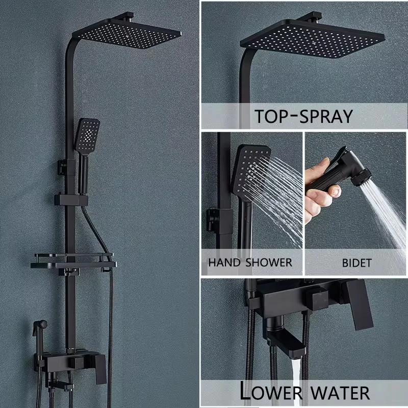 Zwart/Chroom ABS Douchekraan Badkamer Douchemengkraan Draaibaar 15 CM Lange Uitloop Regendouche Set Douche Spray Douche
