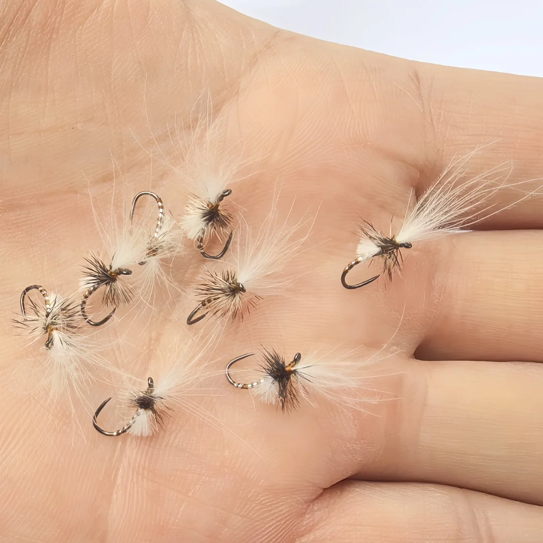 5 PIEZAS # 20 Señuelos de pesca artificiales de imitación de insecto emergente con plumas de gallo y paracaídas CDC sin púas para trucha, pescado gris, perca y lubina