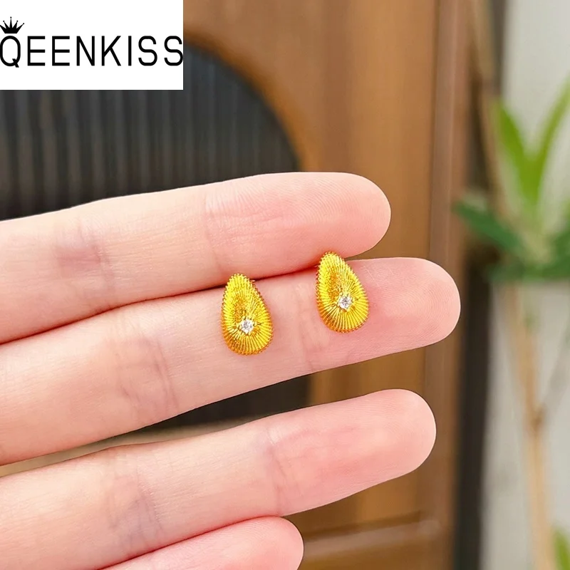 QEENKISS 24KT Gold Water Drop Stud Earrings For Women Wedding Party Birthday Christmas Bride Mother Girlfriend Lady Gifts EG5512