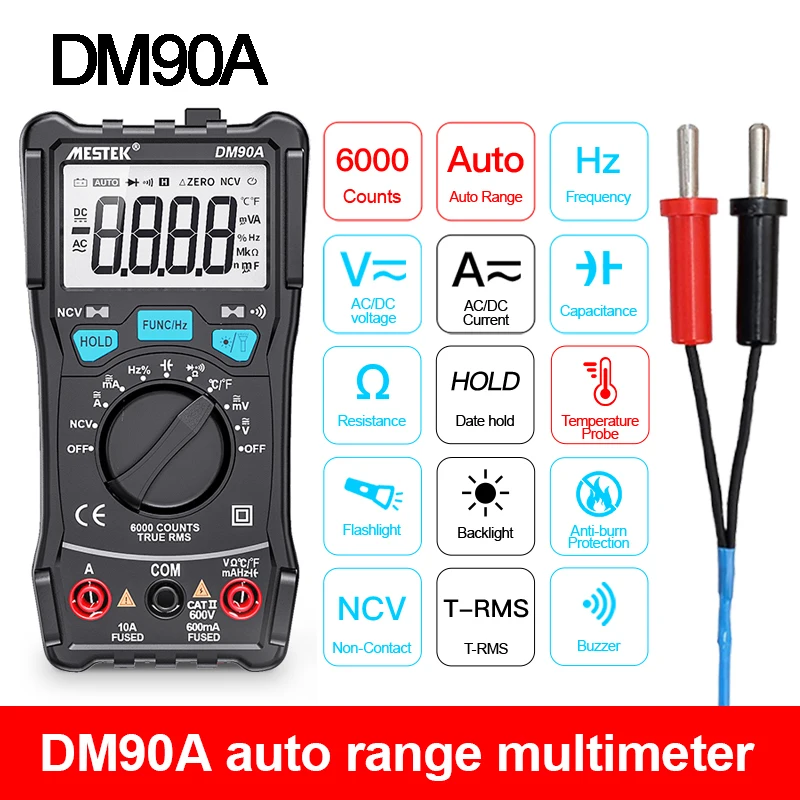 MESTEK DM90A Mini Multimeters Digital Multimeter Auto Range Tester Multimetre 6000 Counts With Temperature Probe Multitester