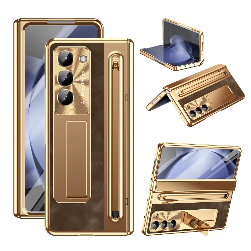 Ständer-Stift-Scharnierschutz-Lederhülle für Samsung Galaxy Z Fold 8 Ultra 7 6 5 4 mit Halterung, Stylus und Displayschutzfolie