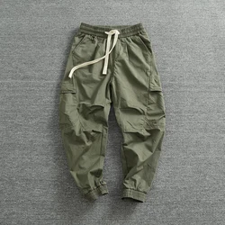 jogger set foot cargo casual pants men's 3D fit vertical cut multi-pocket pure cotton wash made old thin nine-point pants