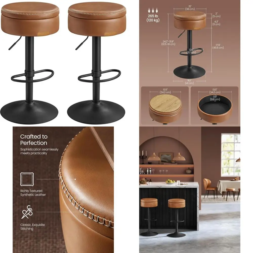 

Set of 2 360° Swivel Bar Stools with Height Adjustment, Storage, Synthetic Leather, Modern Kitchen Bar, Easy Assembly