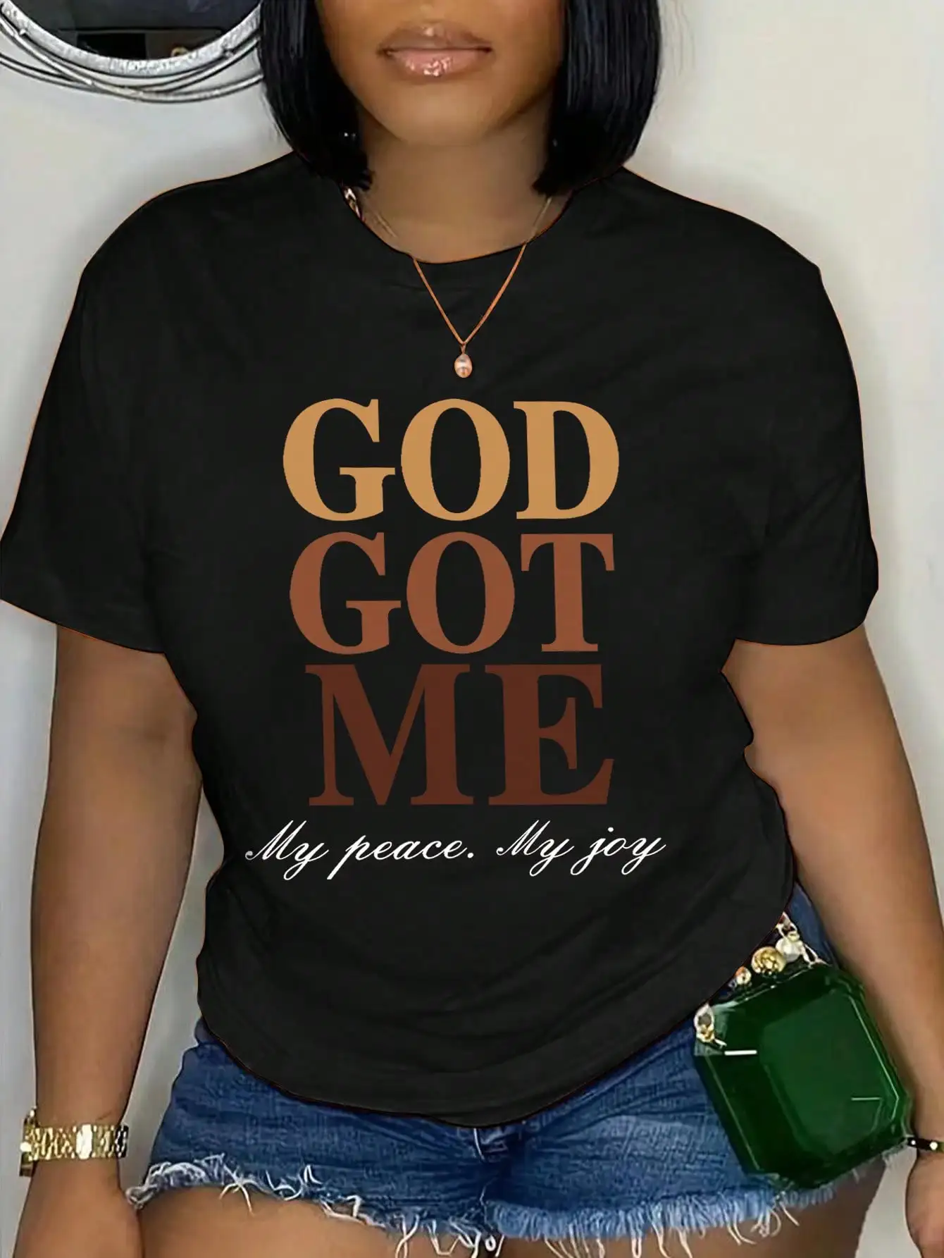 

Women's GOD ME Letter Print Spring And Summer Casual T-shirt Comfortable Round Neck Loose Short sleeved T-shirt Fashion Clothing