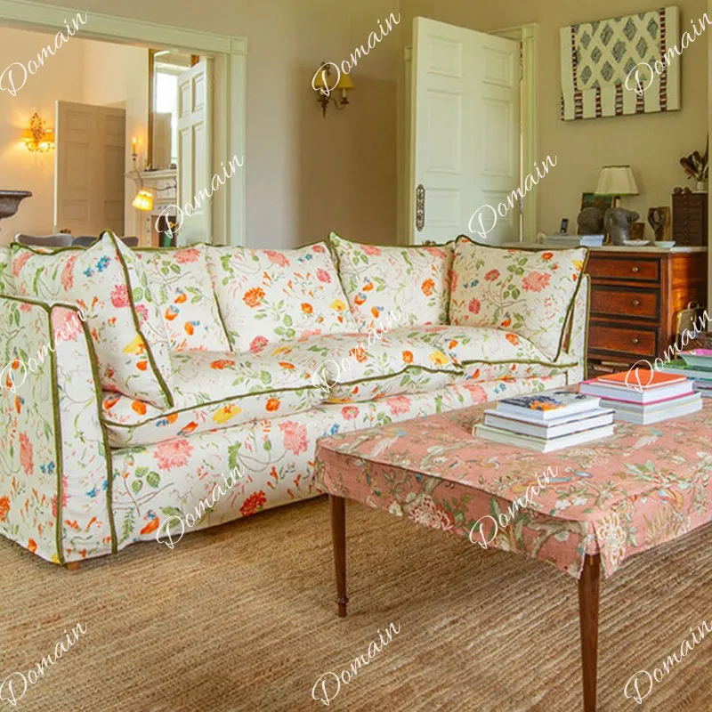 French country pastoral style living room fabric solid wood sofa straight row American three-person peony small floral removable