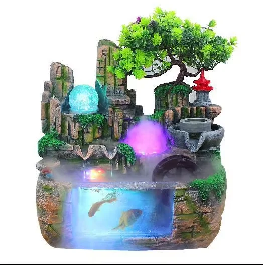 Indoor Rockery Fountain Goldfish Waterfall, Tabletop Rockery Fountain Waterfall Bonsai, Indoor Relaxation Simulation Resin Water