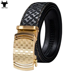 Designer Black Leather Mens Belts Emboss Ratchet Strap Waistband Automatic Buckles Sliding Dress Jeans Belt for Men 110CM-130CM