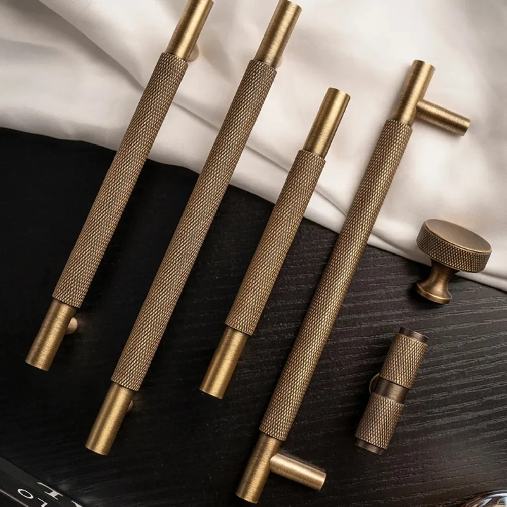 Brass Diamond-Cut Cross Knurl Pattern Antique Kitchen Cabinet Handles Wardrobe Pull T-Bar Knobs door handle furniture parts