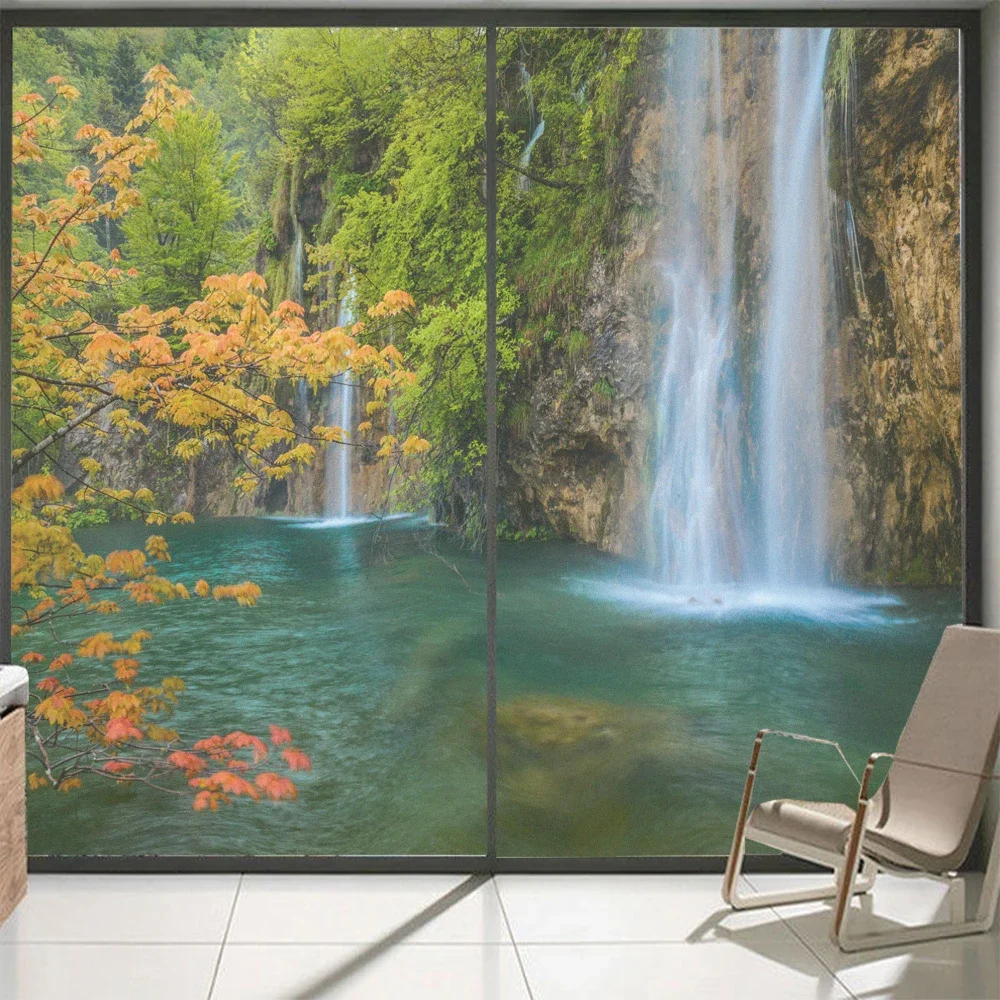 Privacy Glass Window Film Landscape Waterfall Pattern Frosted Glass Door Stained Film Anti UV  Static Cling Glass Window Film