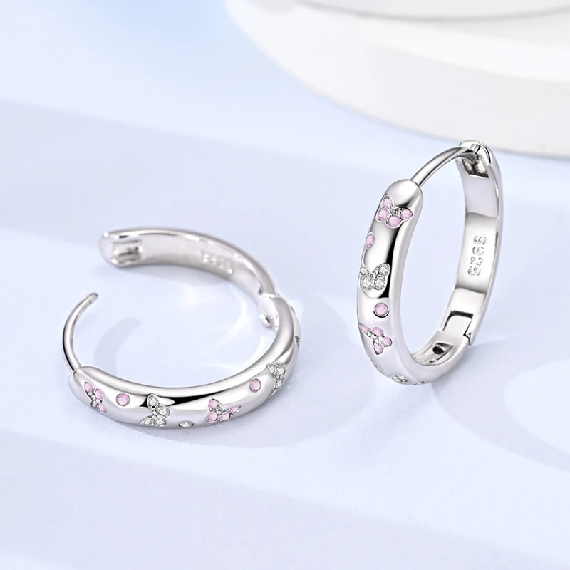 Ohrringe aus 925er-Sterlingsilber für Damen, rosa Zirkonium, Schmetterlings-Creolen-Ohrring für Jahrestag, Hochzeit, Schmuck, Geschenke – Detail 2