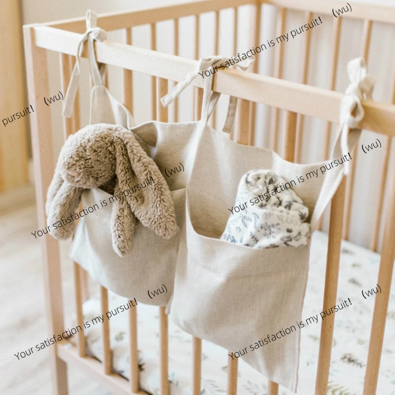 

Детская прикроватная подвесная сумка для хранения, льняные сумки-органайзеры с 2 карманами