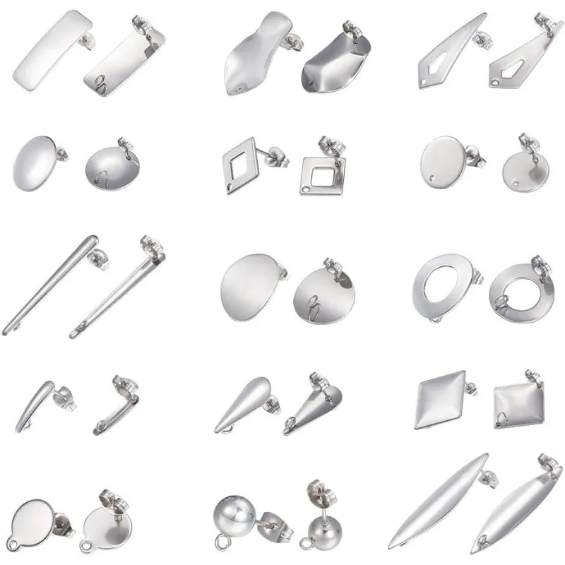 

30pcs 15 Styles Stud Earring Findings 304 Stainless Steel Post Ear Stud Findings with Loop and Ear Nuts 0.7mm/0.8mm Pin Stud