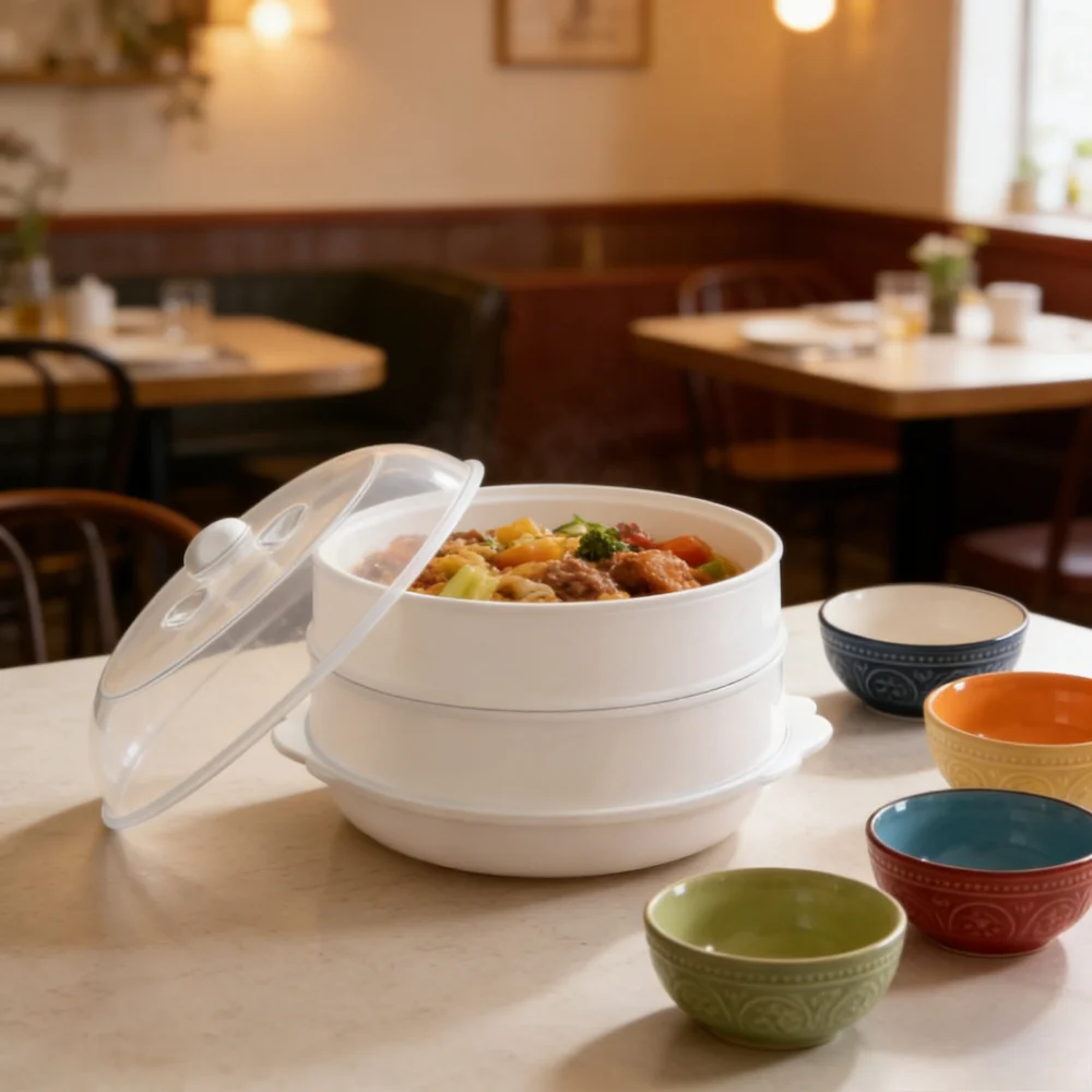 Food Storage Essentials - 電子レンジ用蒸し器 – 食品グレードPP製、多層積み重ね可能、透明蓋付き、パン/餃子/野菜の調理に欠かせないキッチン必需品、耐熱保存容器