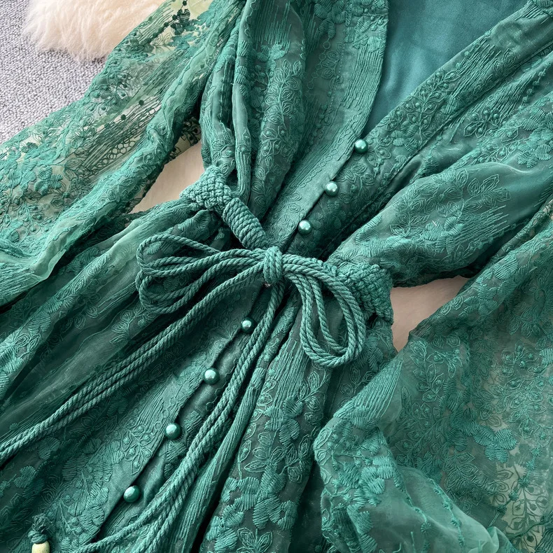 Dress Women Long Dresses A Line Vestidos Streetwear Embroidery V Neck Lantern Sleeve Lace Up High Waist Elegant Y2k Streetwear