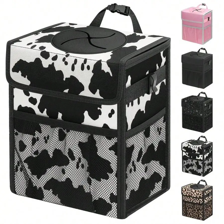 

Car Trash Can With Lid Leakproof Hanging Waterproof Automotive Garbage Bin With Storage Pockets