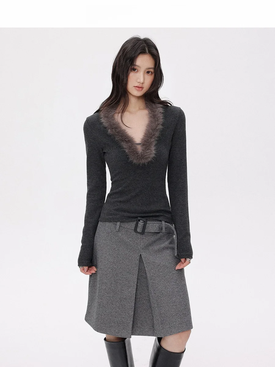 

CHACHASTU Американский трикотажный облегающий лонгслив с V-образным вырезом, базовый слой, повседневный, простой, из смесового полиэстера, с длинным рукавом