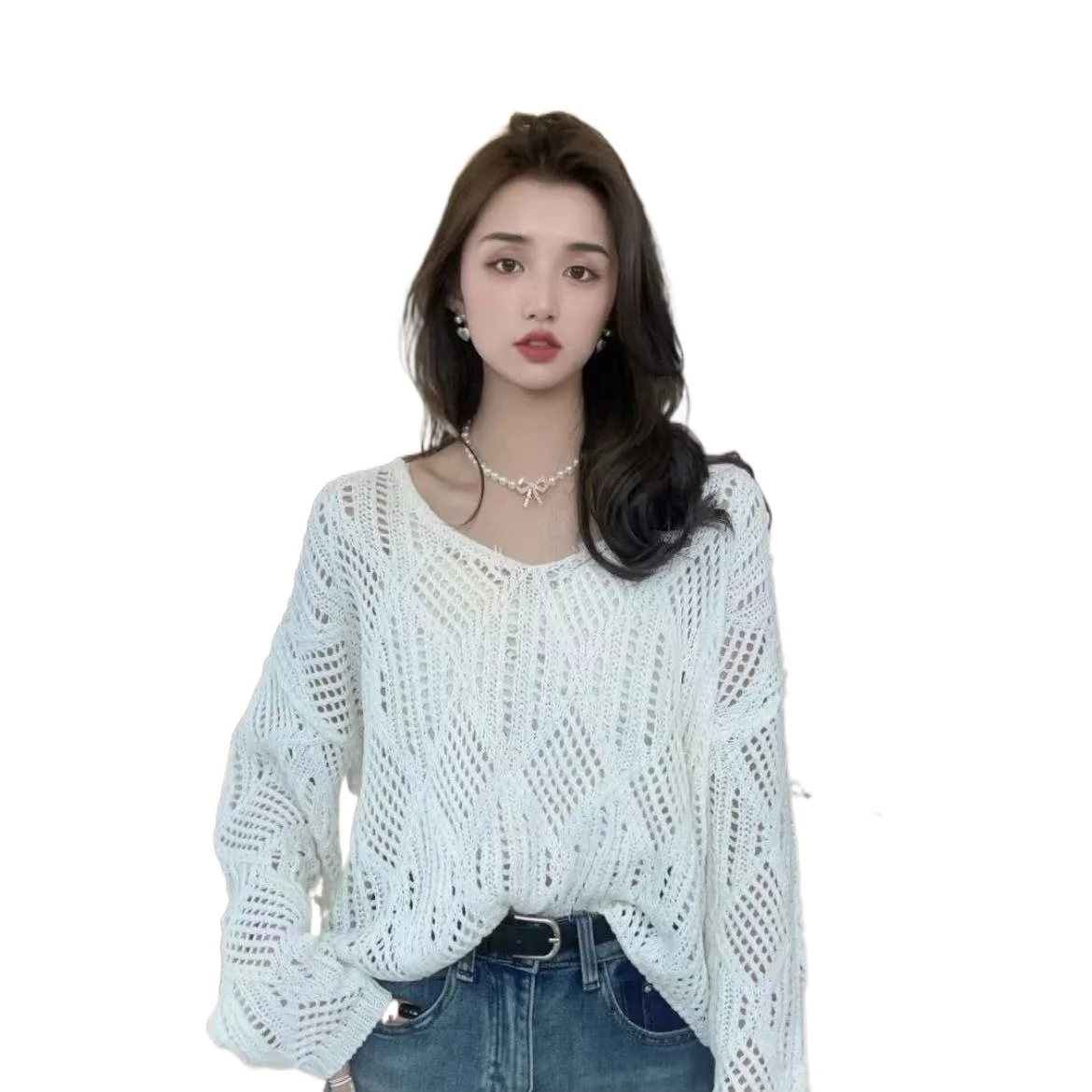 2023 New Spring Summer Hollow Out Knitwear Women Sweater Thin Top Versatile Underlay Pullover Oversize Women Long Sleeve Top