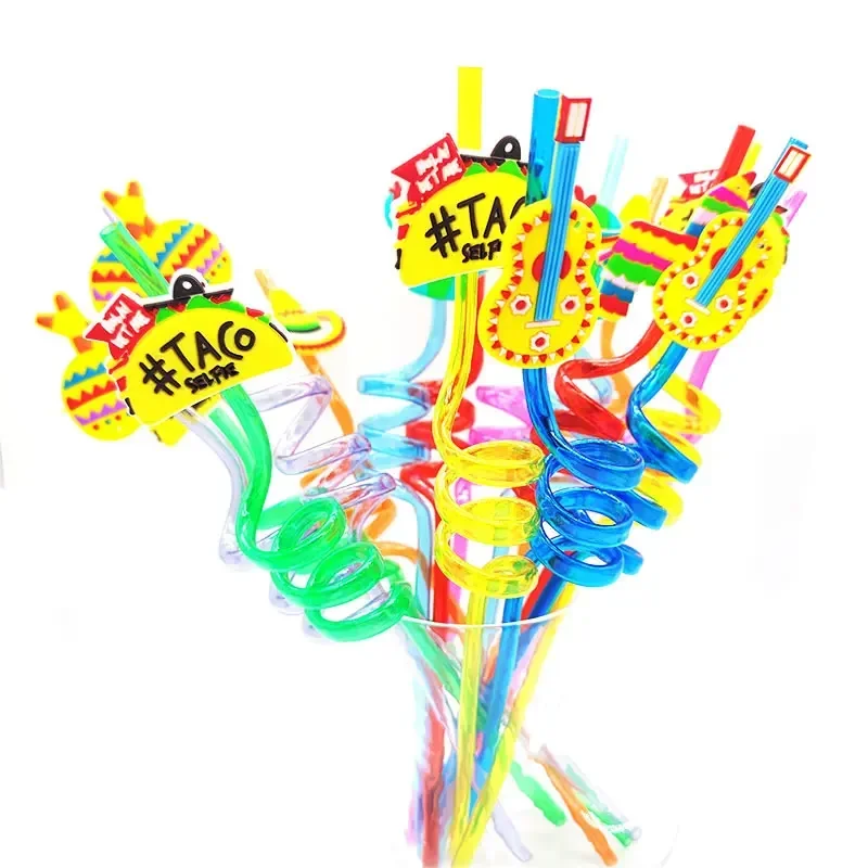 

8pcs 26cm Reusable Mexico Cartoon Helical Drinking Straw Home Bar Kids Birthday Party Decorations Cocktail Plastic Straws