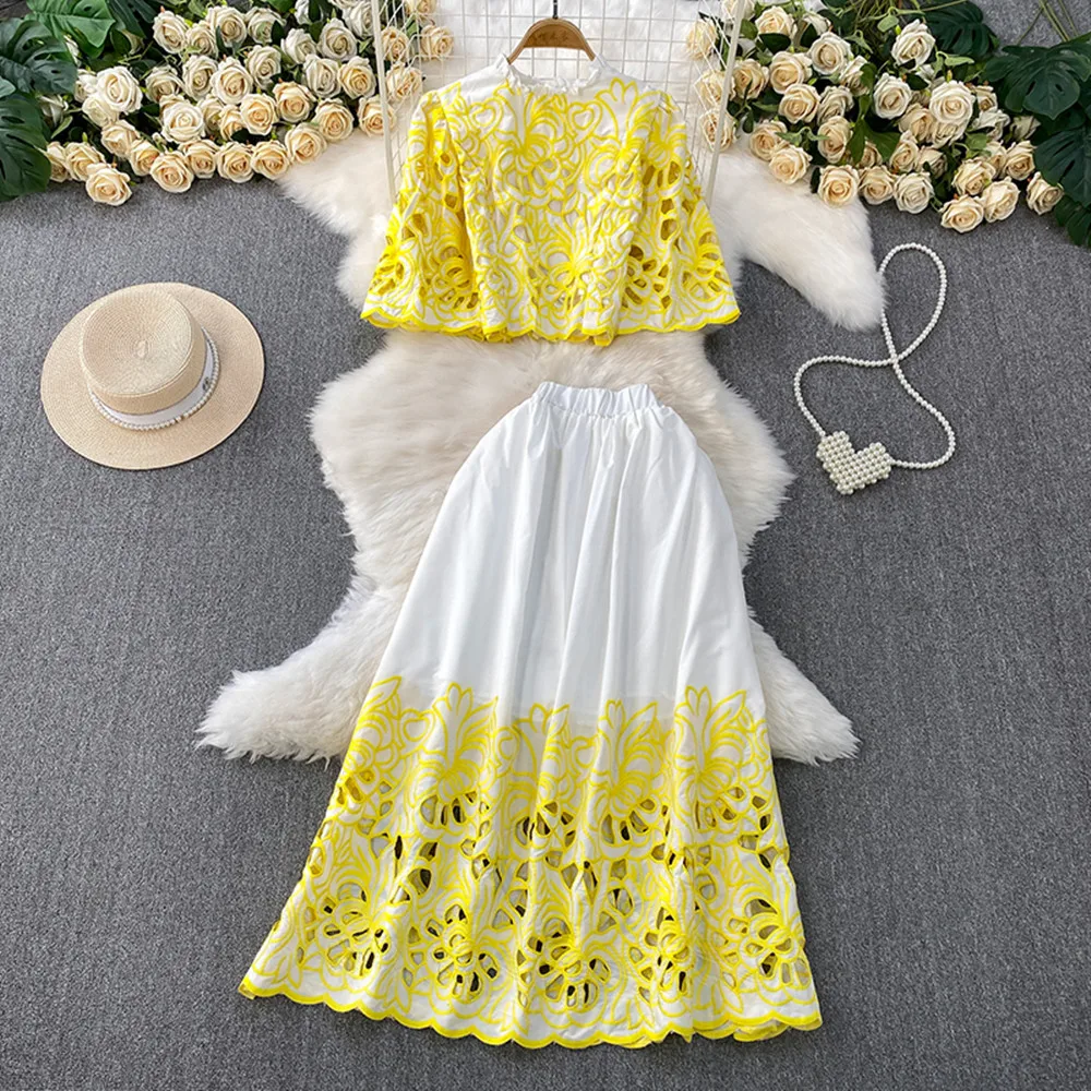 

Fashion 2025 Two Piece Set for Women Stand Collar Half Sleeve Top Spliced Hollow Out Midi Skirt Summer Elegant Suits Female New