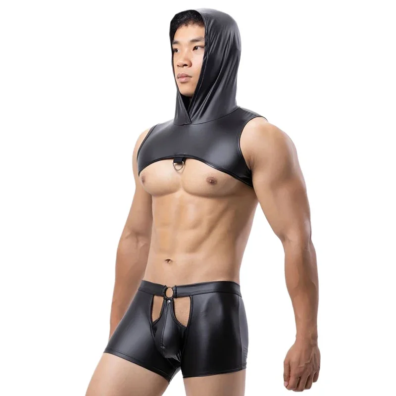 2XL Exotic Mens Hooded Chest Harness Boxer Shorts Teddies PU Leather Crop Tops Panties Trunks Gay Latex Nightclub Vest Shorts