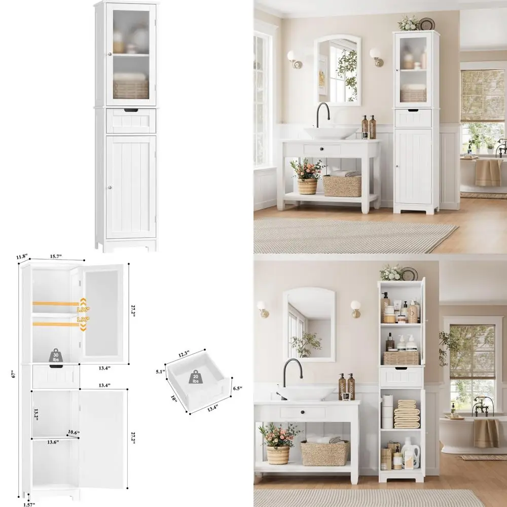 

67" high freestanding bathroom cabinet with door & adjustable shelves for linens