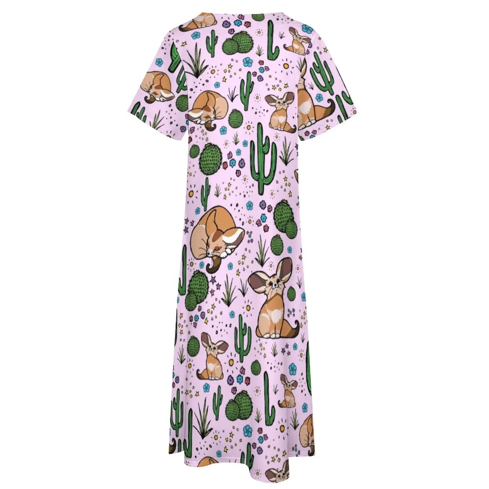 Fennec Fox Jurk Schattige Woestijnprint Nachtclub Maxi Jurk Esthetische Boho Strand Lange Jurken Korte Mouwen Ontwerp Oversized Vestido