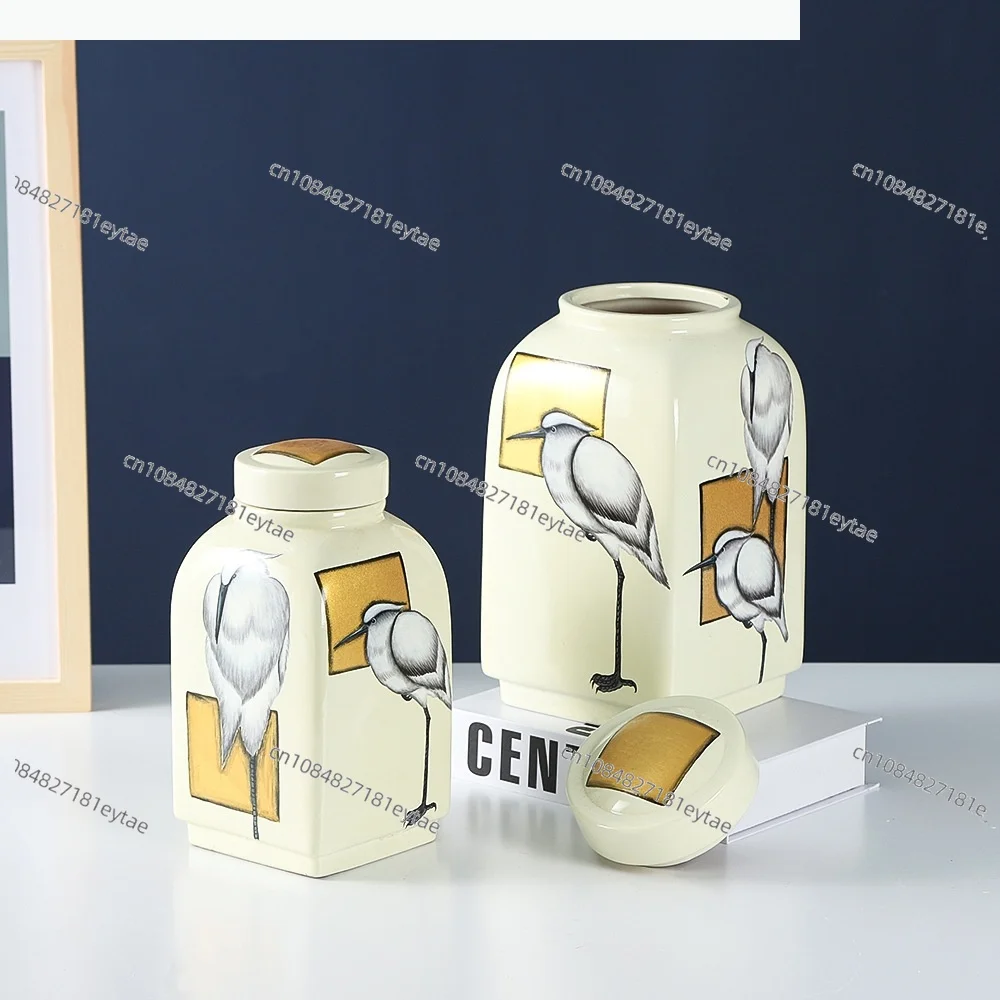 Hand Painted Ceramic Square Jar Flower Vase Bird Pattern Storage Home Decoration Accessory