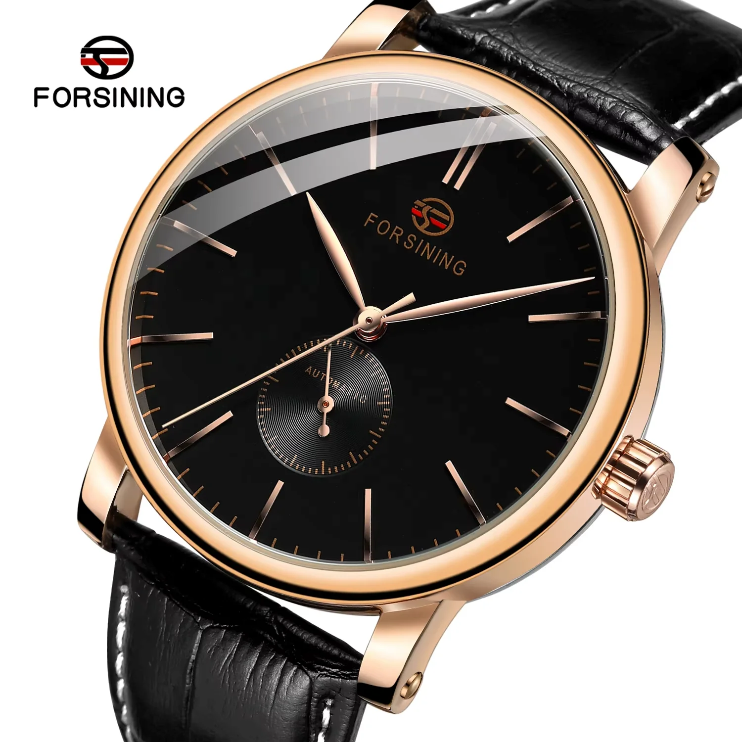 FORSINING Black Watch Circular dial nail scale Mechanical skin strap Wrist Watch Men's and women's Watch White Watch