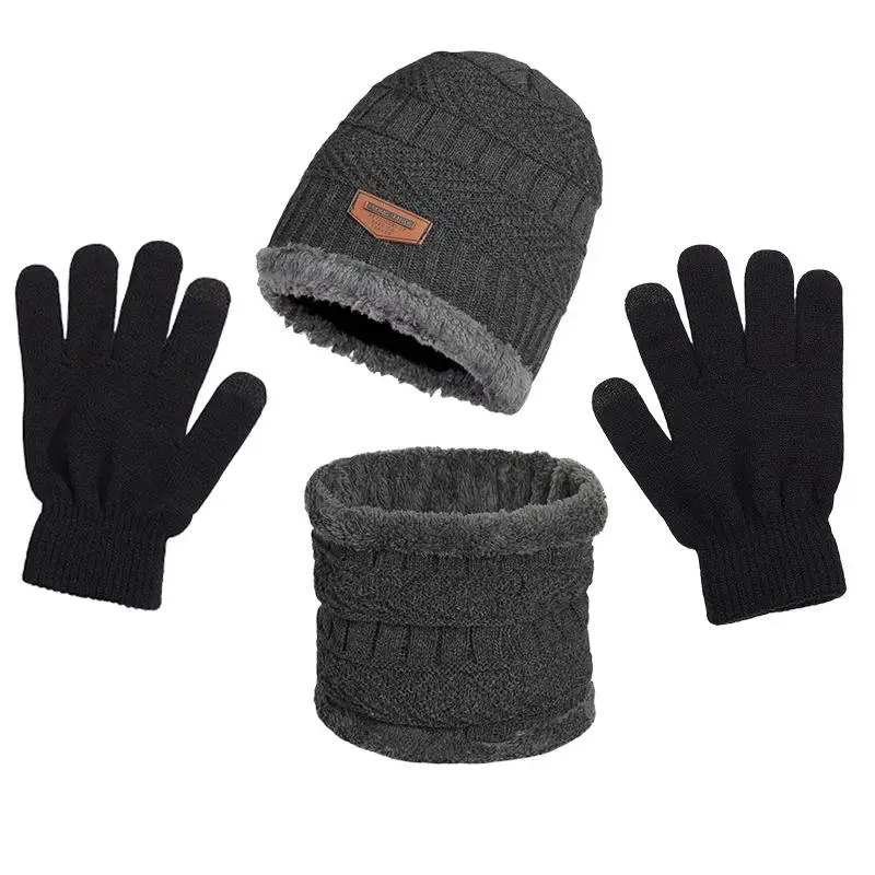 3-Piece Winter Men's Hat Set Scarf Gloves And Neck Warmer All In One Fleece-Lined Knitted Hat