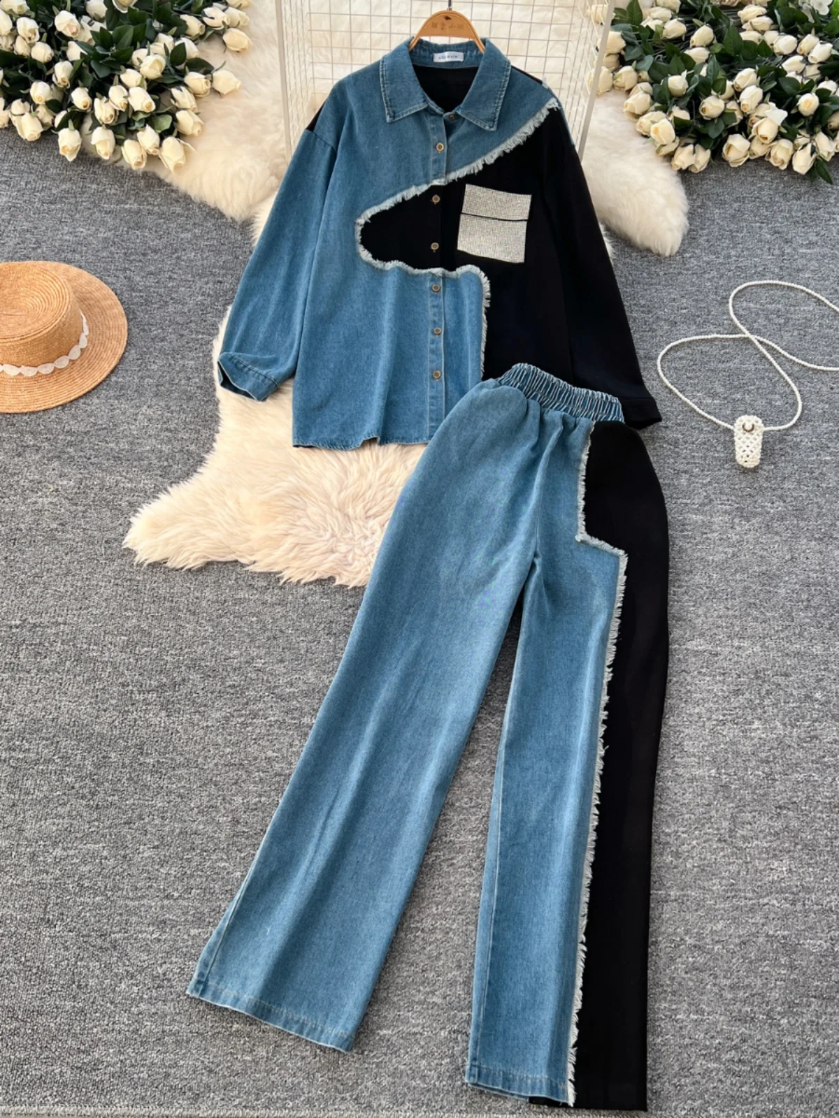 Retro Hong Kong Style Casual Set Women's Korean Version Color Block Denim Shirt High Waist Loose Wide Leg Pants Two Piece Set