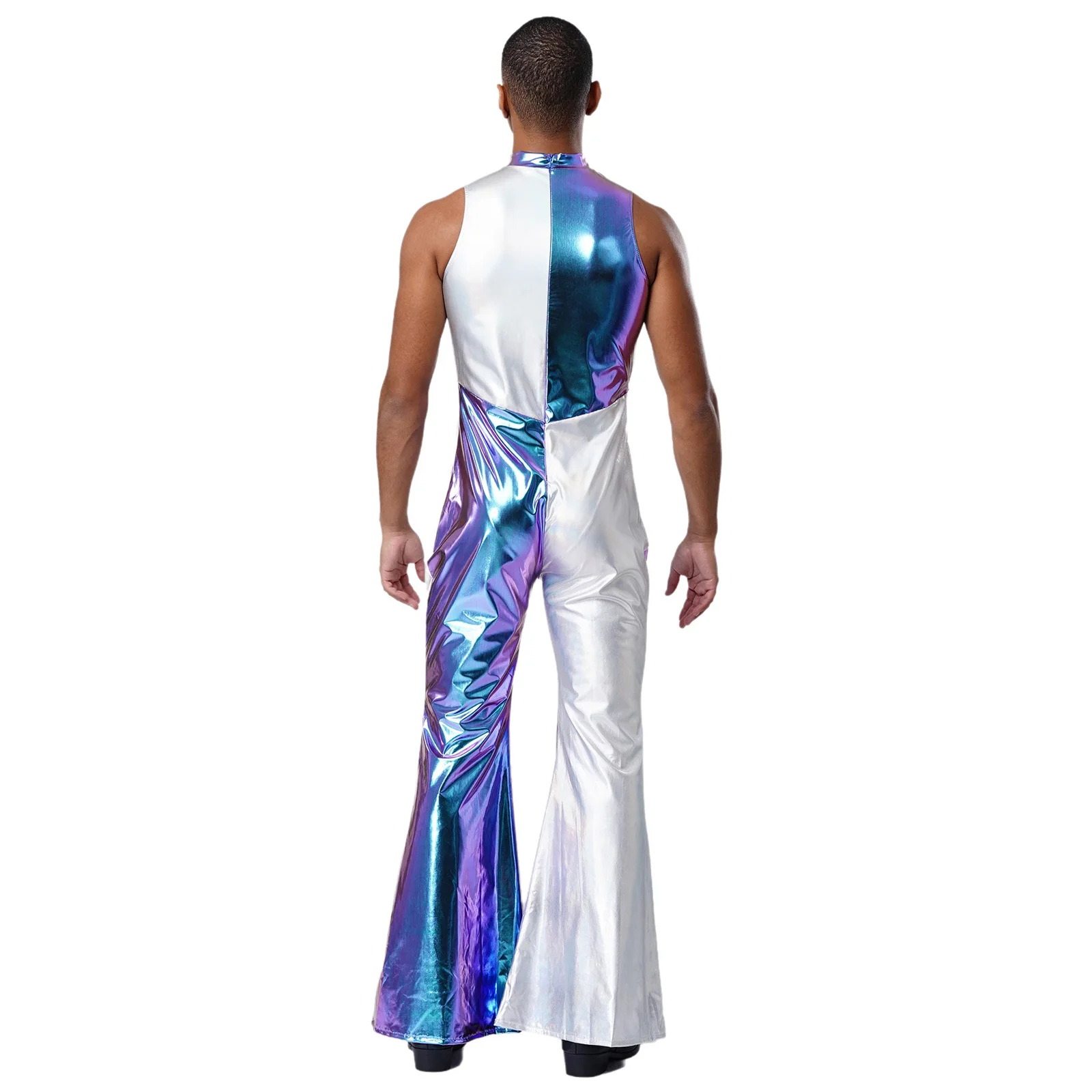Costume da ballo da discoteca retrò da uomo, completo hippie, senza maniche, color block, tute metalliche, anni '70, anni '80, discoteca dancewear