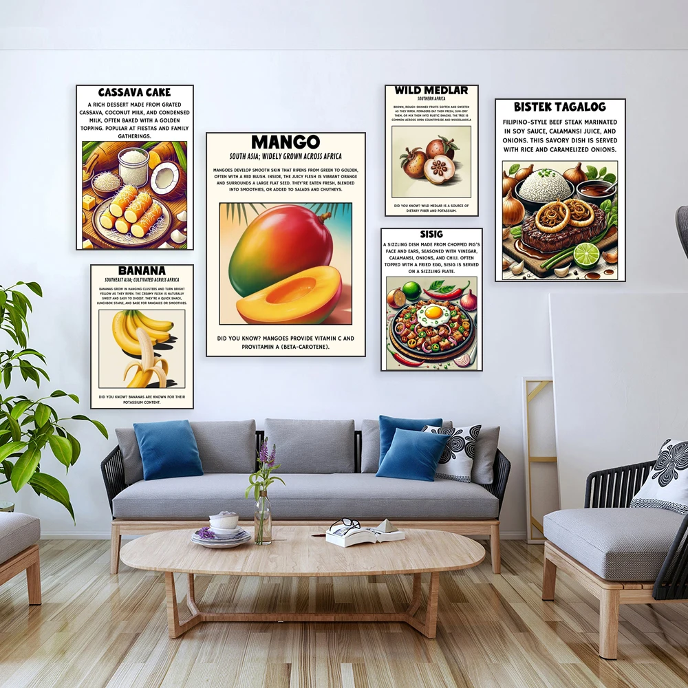African bananas, miracle fruit, Natal plums, pies, taro leaf curry, roasted lamb salad, traditional Filipino cuisine posters