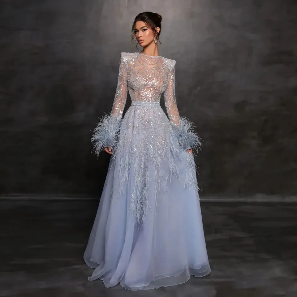 

Kadisua Luxury Baby Blue Evening Dress Long Sleeve Floor Length Appliques Feathers Tulle Illusion Elegant Gown Vestido Women