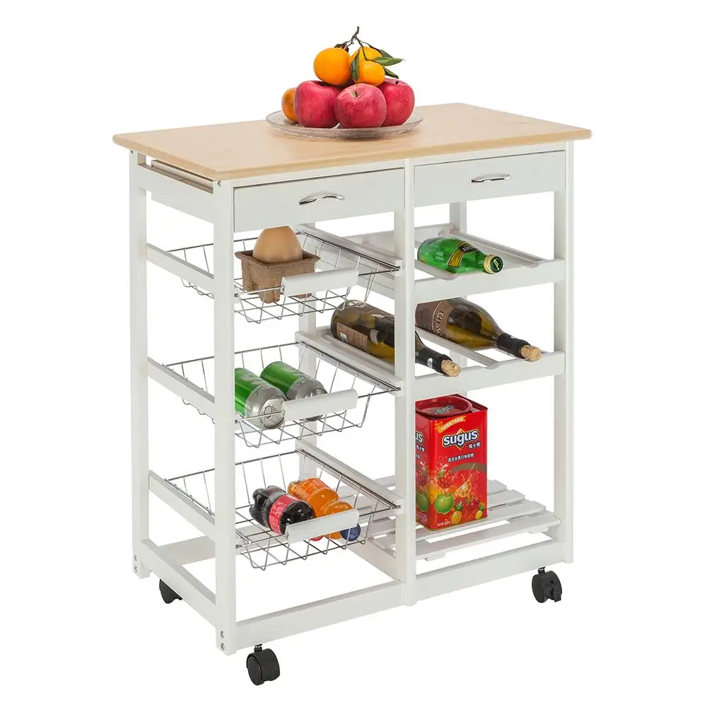 Stylish Moveable Kitchen Cart with 2 Drawers, 2 Wine Racks & 3 Baskets - White Storage Solution