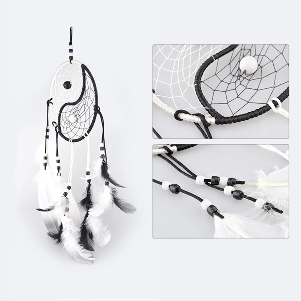 

Handmade Beads Decorated Tai Pattern Wall Hanging Wind Chime Dreamcatcher Home Decoration Gift Black White 15Cm