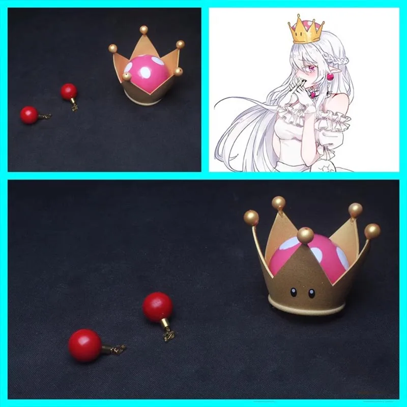 Boosette Cosplay Perruque Princesse Koopa Cheveux, Gris Clair, Violet, Longue Droite, Degré de Chaleur, Couronne, Cornes, Boucles d'Oreilles, Accessoires d'Halloween