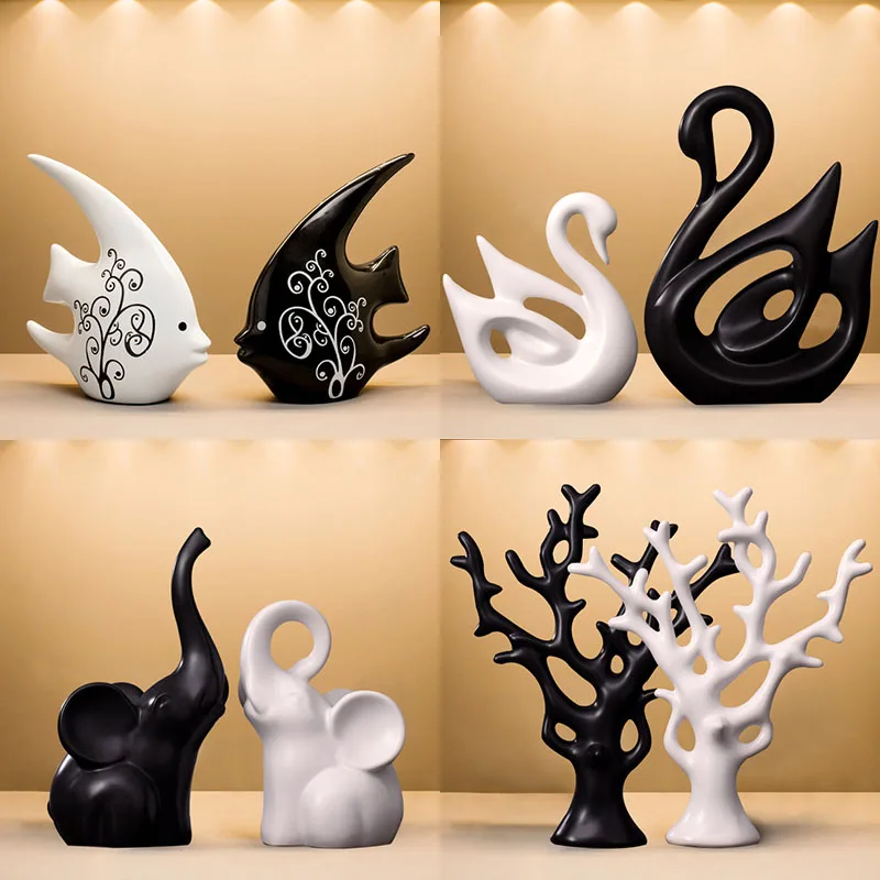 1 Pair Lover Abstract Ceramic Crafts Black White Kiss Fish Couple Swan Fairy Home Decor Ornaments ,Wedding Gifts Desk Decoration