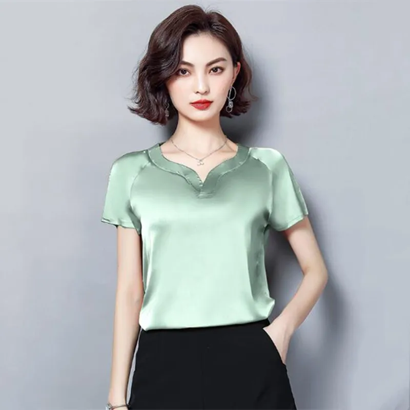 Summer Artificial Silk Shirt for Women Short Sleeve Satin Vintage Street Chiffon Elegant Blouse Fashion plus size Tops
