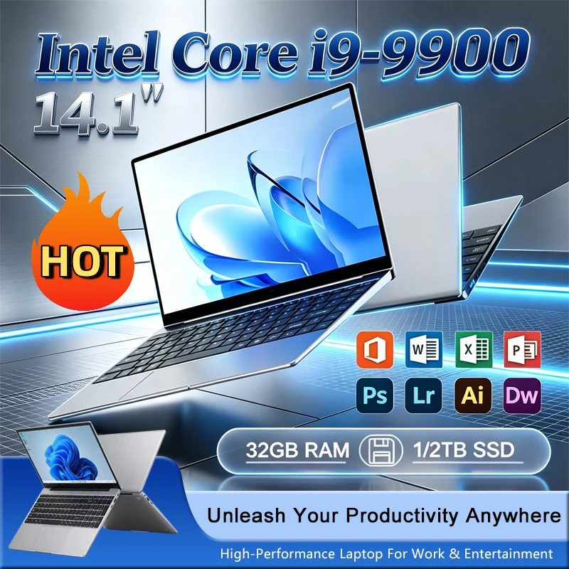 New 14.1' Laptop Intel Core I9-9900 16GB 32GB 2TB Gaming PC Ultra Slim Office Study Computer PC Windows 11 Pro 1920*1080 HD