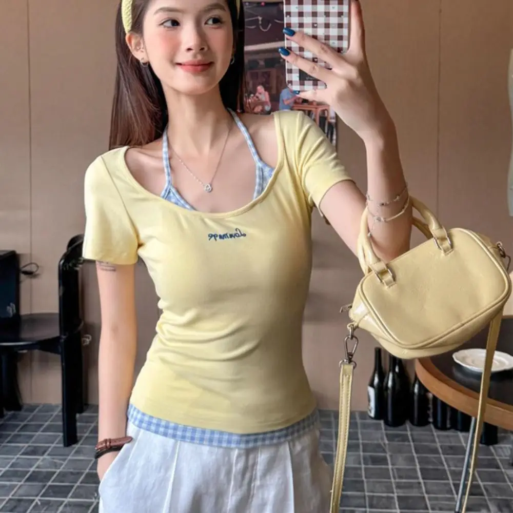 

Sweet Blue Grid Long Sleeve T-shirt Lace Undershirt Slim Thin Pullover Bottoming Shirt Simple Crop Top Women Y2k Spring