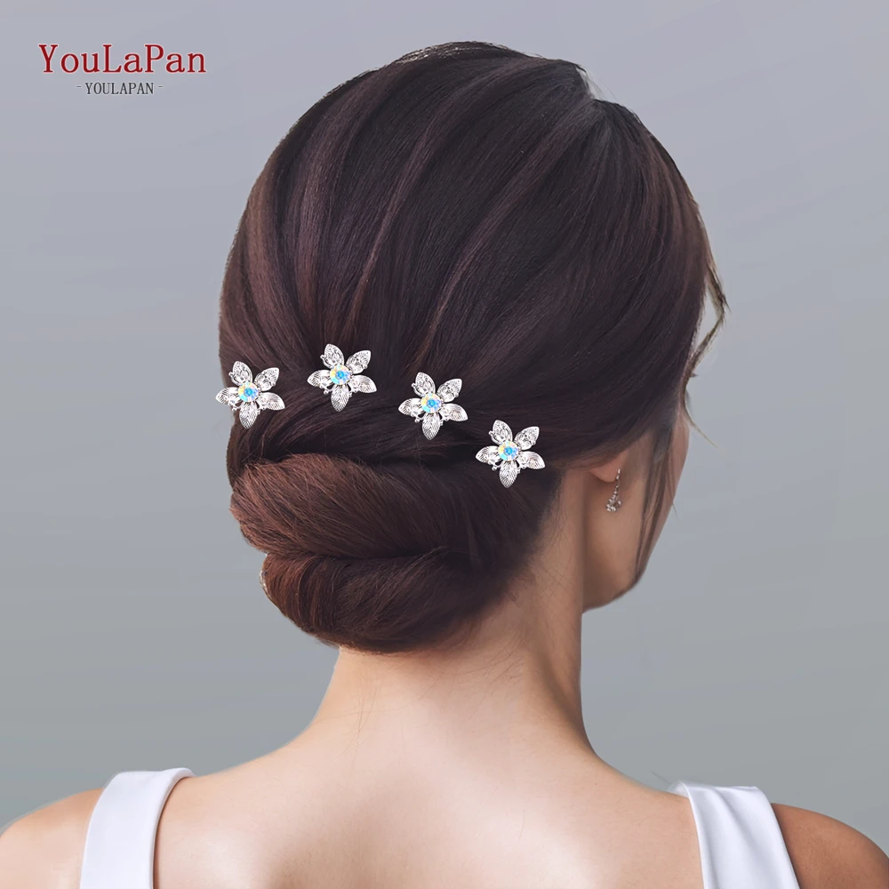 YouLaPan Colorful Rhinestone Bride Hairpins Silver Color U-Shape Clips Wedding Hair Accessories Women Alloy Flower Tiara HP775